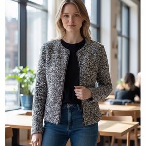 Banana Republic Tweed Wool Zip Up Jacket Leather Trim 2 XS